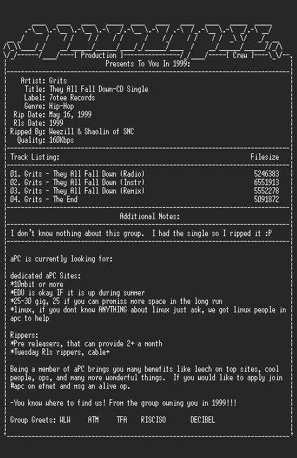 NFO file for Grits-They_All_Fall_Down-CD_Single-1999-apc
