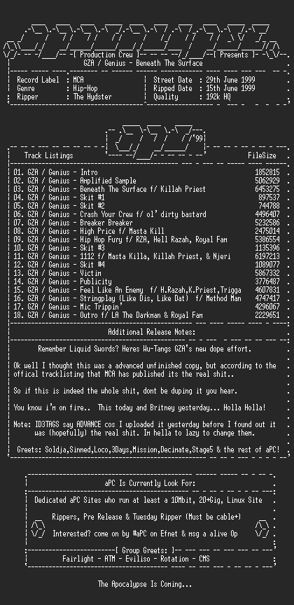 NFO file for Gza-Genius-Beneath_The_Surface-1999-aPC