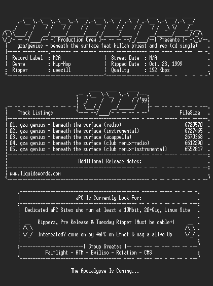 NFO file for Gza_Genius-Beneath_The_Surface_feat_Killah_Priest_and_Res_(CD_Single)-1999-aPC