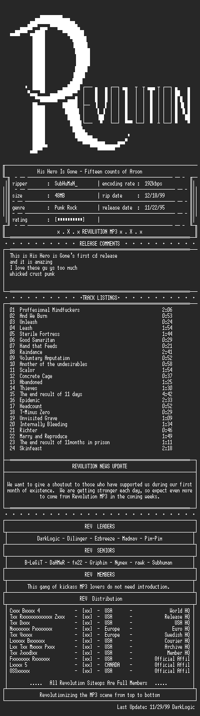 NFO file for His_Hero_Is_Gone-Fifteen_counts_of_Arson-1995-REV