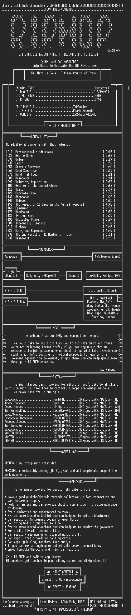 NFO file for His_Hero_Is_Gone-Fifteen_Counts_Of_Arson-1996-rH