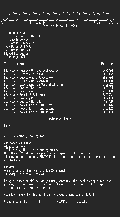 NFO file for Hive-devious_methods-1998-aPC