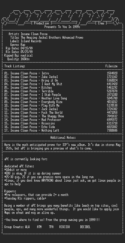 NFO file for Insane_Clown_Posse-The_Amazing_Jeckel_Brothers_Advanced_Promo-1999-aPC