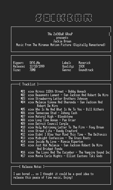 NFO file for VA-Jackie_Brown_OST_DIGITALLY_REMASTERED_(1999)-ZOCKBAR