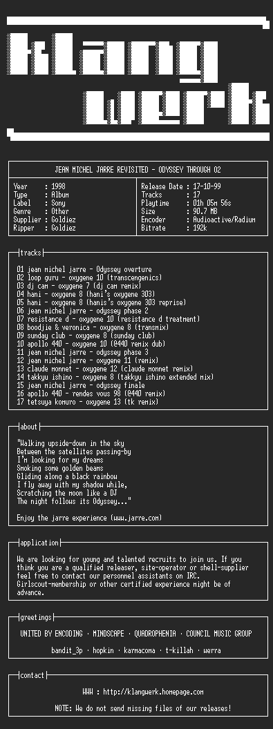 NFO file for Jean.michel.jarre.revisited--odyssey.through.o2-1998-kW