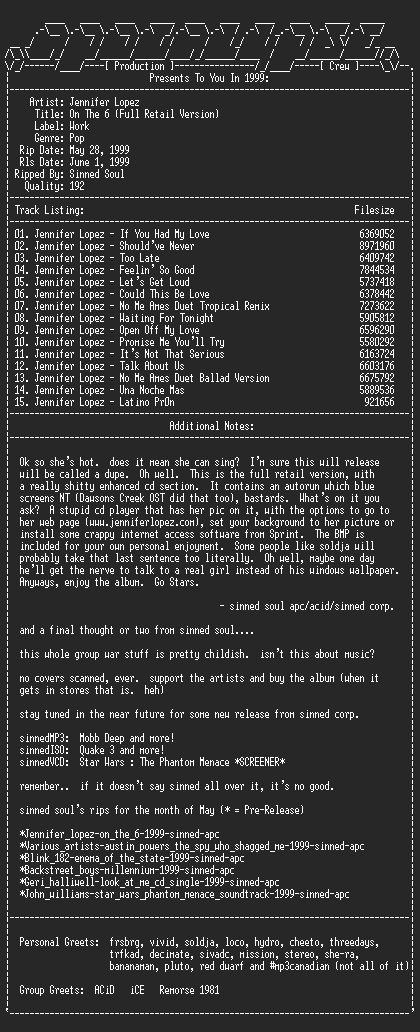 NFO file for Jennifer_Lopez-On_The_6-1999-sinned-aPC