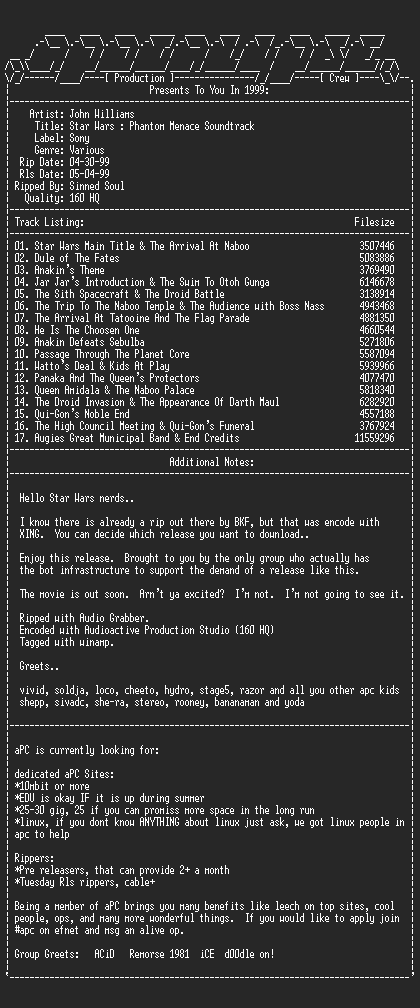 NFO file for John_Williams-Star_Wars_Phantom_Menace_Soundtrack-1999-sinned-aPC