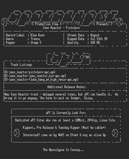 NFO file for Juno_reactor-pistolero-promo_single-1999-apc