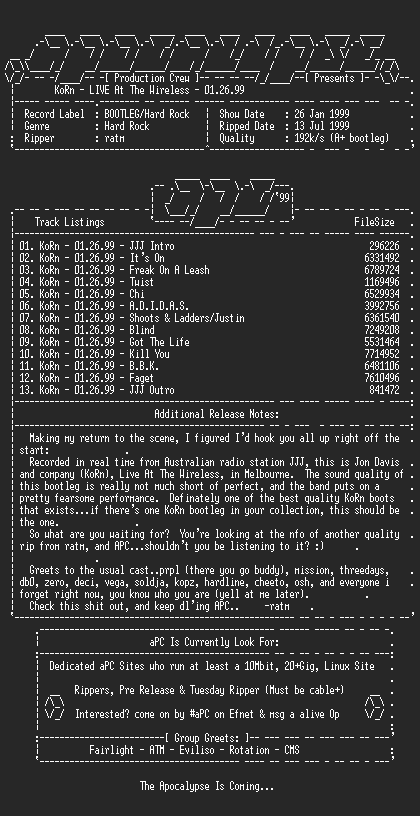 NFO file for Korn-JJJ_Live_At_The_Wireless-Melbourne-Jan_26-1999-ratm-aPC