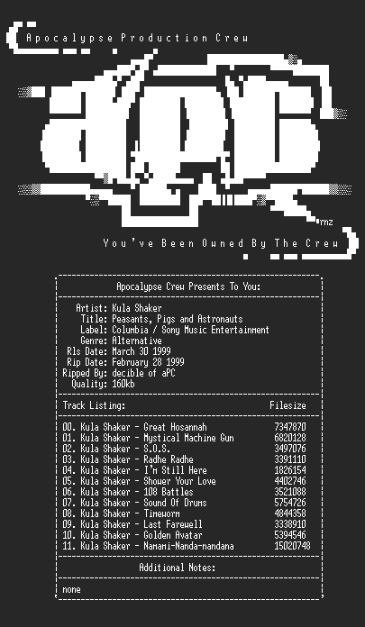 NFO file for Kula_Shaker-Peasants_Pigs_And_Astronauts-1999-decible-aPC