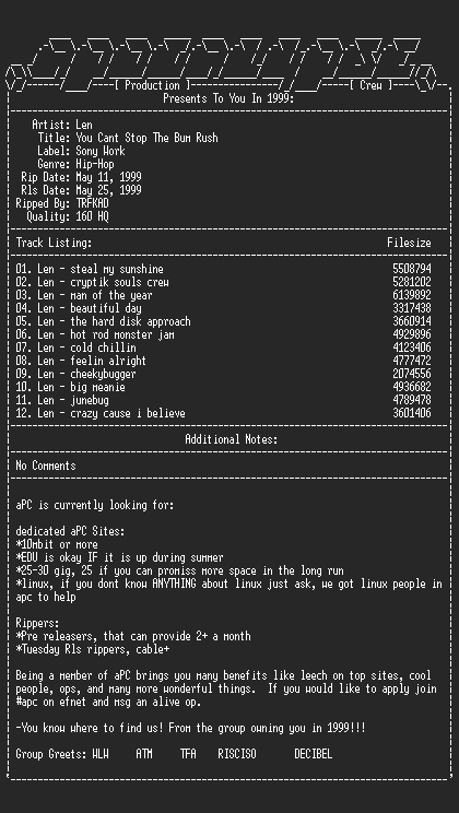 NFO file for Len-you_cant_stop_the_bum_rush-1999-apc