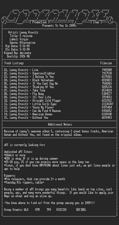 NFO file for Lenny_Kravitz-5-Reissue(With_Bonus_Tracks)-aPC