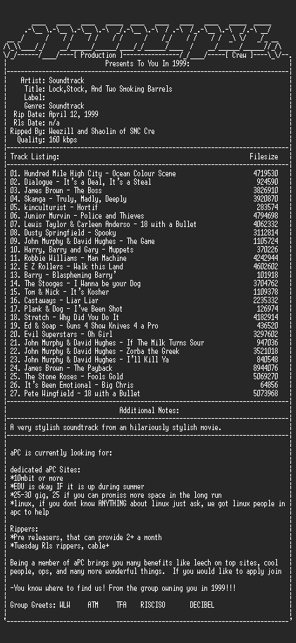 NFO file for VA-Lock_Stock_And_Two_Smoking_Barrels-Soundtrack-1999-aPC