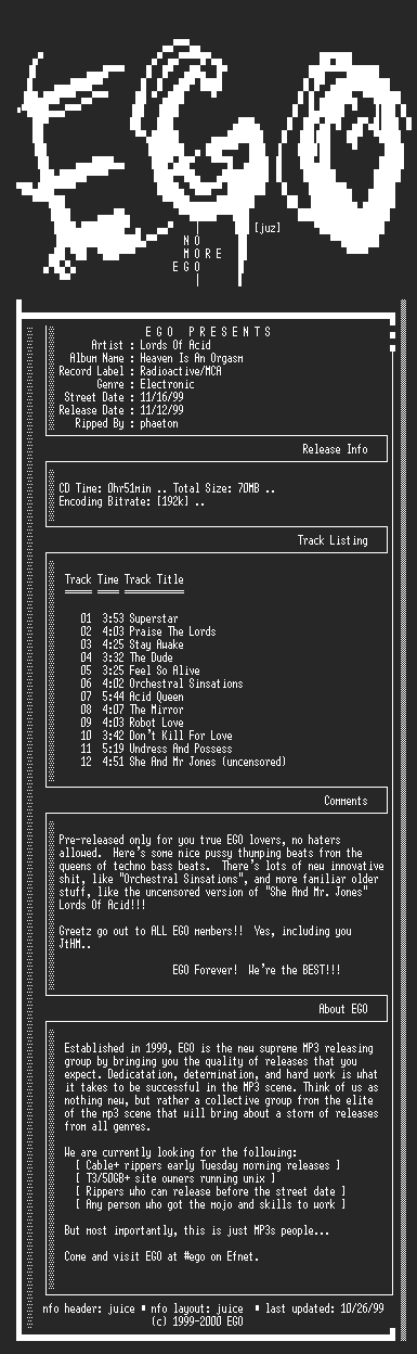 NFO file for Lords_Of_Acid-Heaven_Is_An_Orgasm-1999-EGO