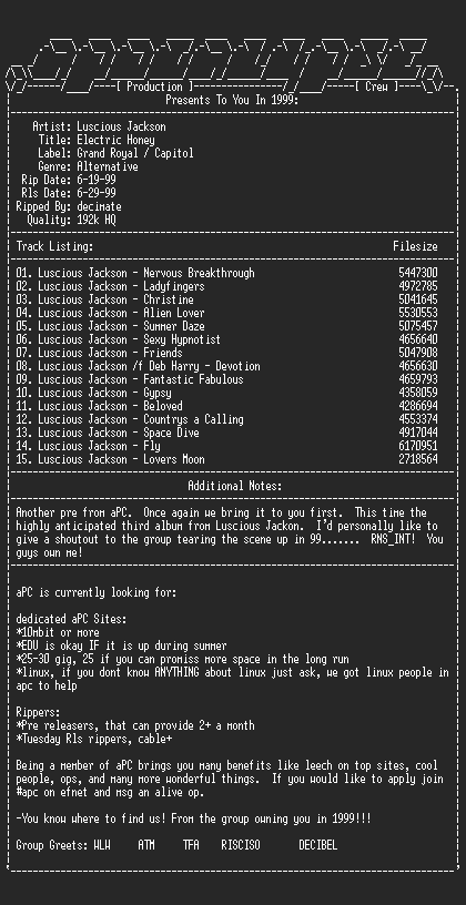 NFO file for Luscious_jackson-4_tracks_from_electric_honey-1999-aPC