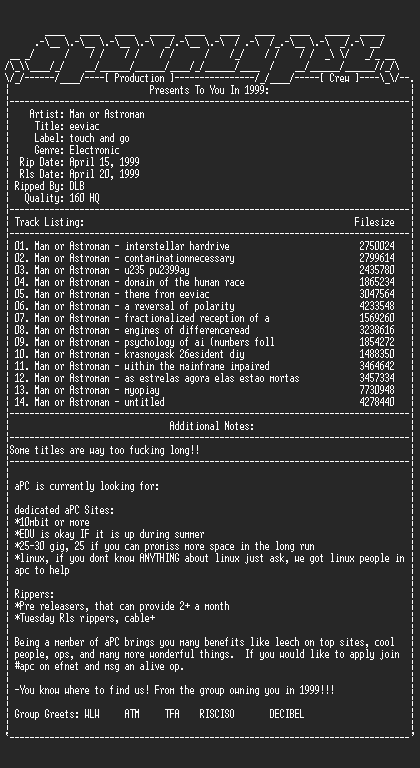 NFO file for Man_or_astroman-eeviac-1999-aPC