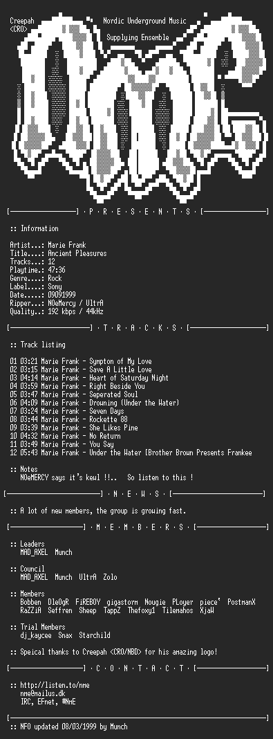 NFO file for Marie_Frank_-_Ancient_Pleasures-(1999)-NmE