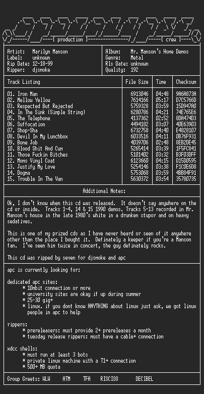 NFO file for Marilyn_Manson-Mr_Mansons_Home_Demos-199x-aPC