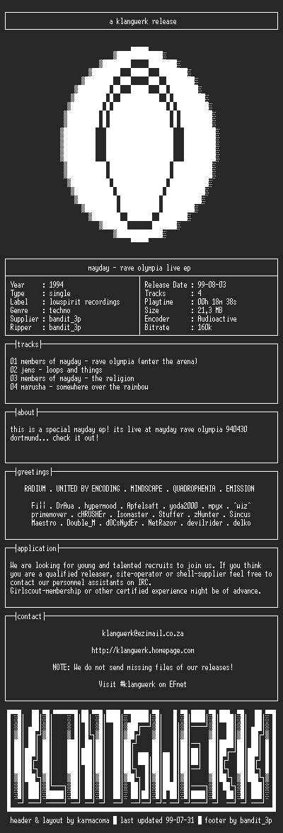 NFO file for Mayday--rave.olympia.live.ep-1994-kW