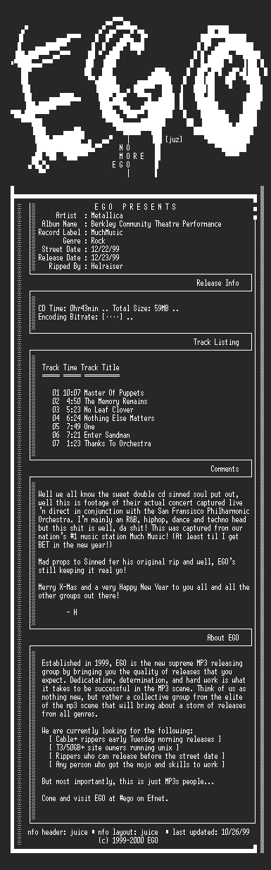 NFO file for Metallica_And_San_Francisco_Symphony-Berkley_Community_Theatre_Performance-1999-EGO
