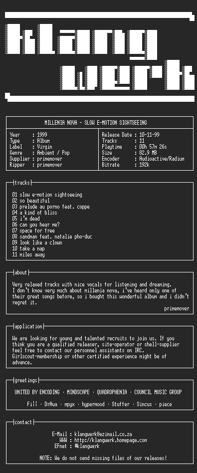 NFO file for Millenia.nova--slow.e-motion.sightseeing-1999-kW