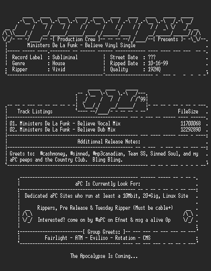 NFO file for Ministers_de_la_funk-believe_vinyl_single-1999-apc