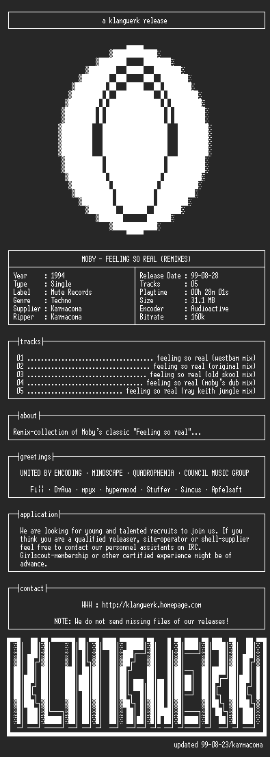 NFO file for Moby--feeling.so.real.remixes.(single)-1994-kW