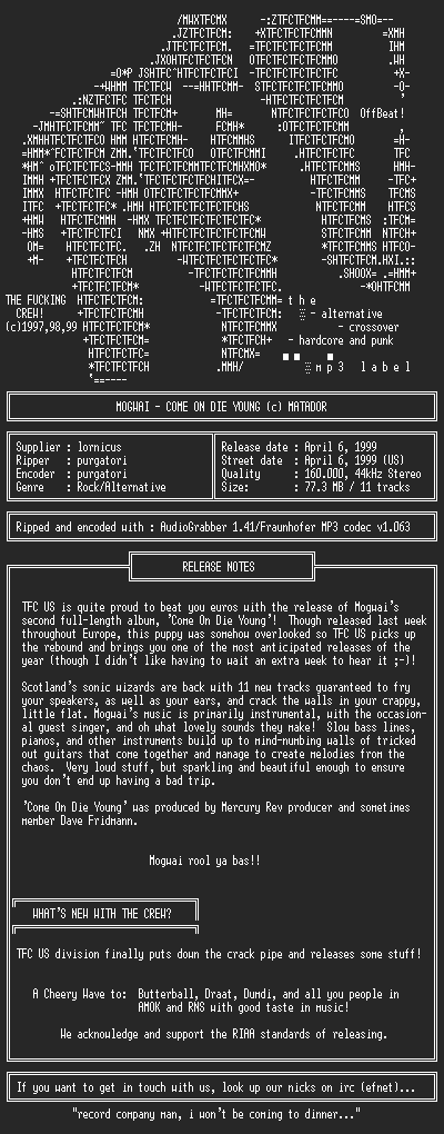 NFO file for Mogwai-Come_On_Die_Young-1999-TFC