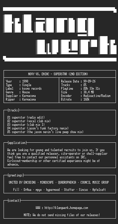 NFO file for Novy.vs.eniac--superstar.2nd.edition.(single)-1998-kW