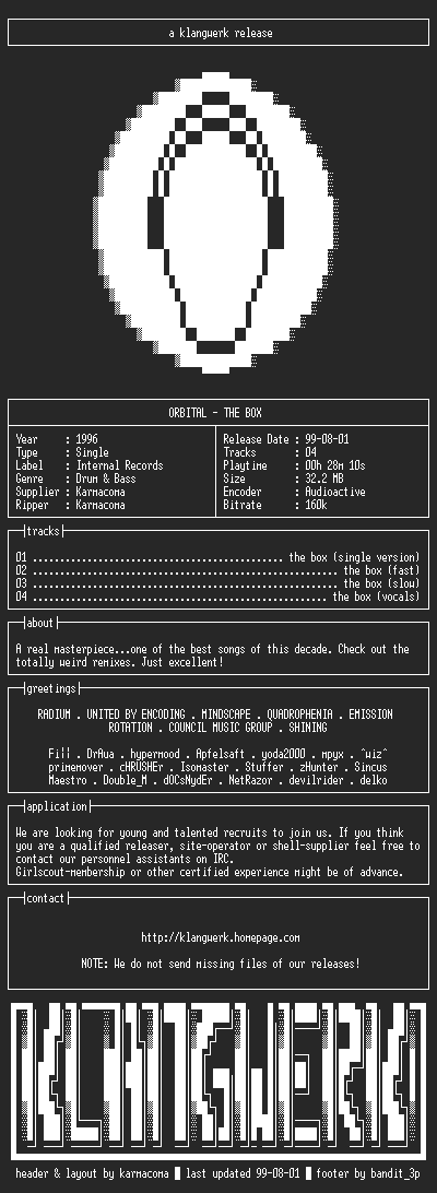 NFO file for Orbital--the.box-1996-kW