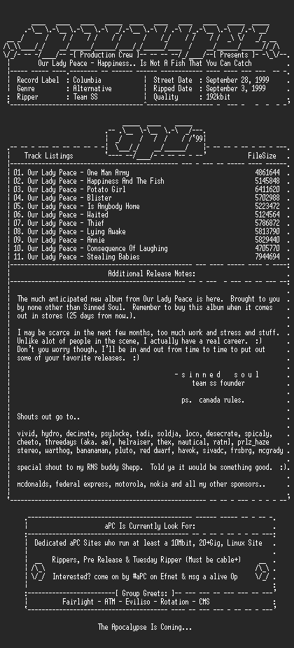 NFO file for Our_Lady_Peace-Happiness_Is_Not_A_Fish_That_You_Can_Catch-1999-sinned-aPC