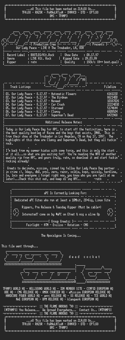 NFO file for Our_lady_peace-live_at_the_troubador-bootleg-los_angeles-aug17-1997-apc