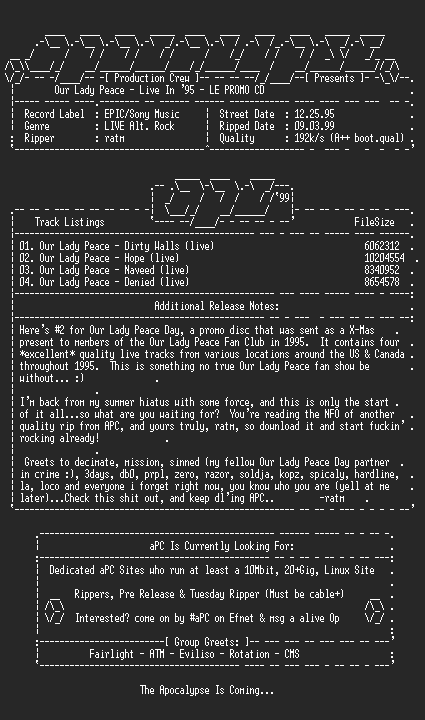 NFO file for Our_Lady_Peace-Live_in_95-Le_Promo-1995-ratm-aPC