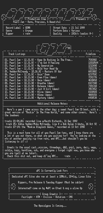 NFO file for Pearl_Jam-Rare_Precious_And_Beautiful-Demos_And_Covers-Dec31_92-1999-aPC