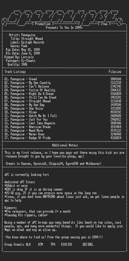 NFO file for Pennywise-Straight_Ahead-1999-aPC
