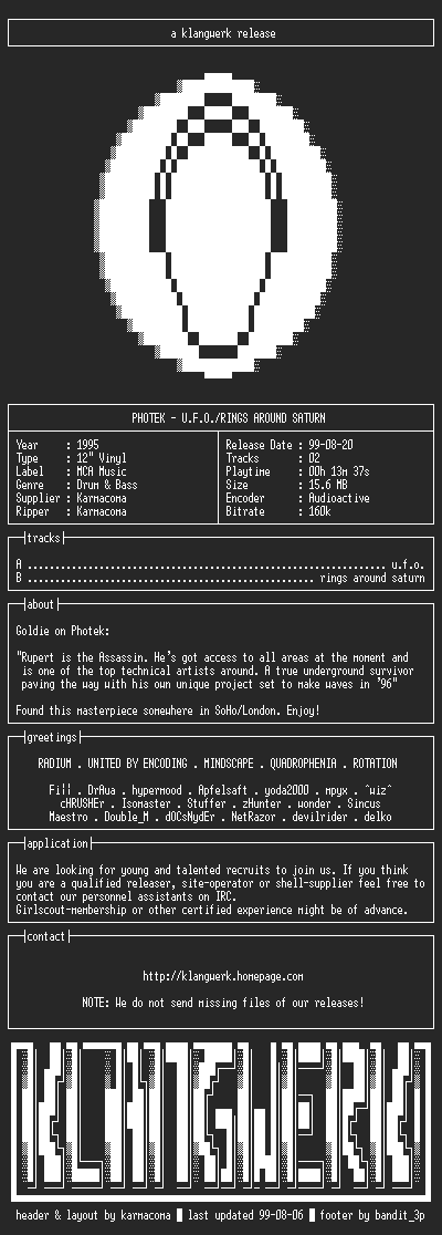 NFO file for Photek--u.f.o.(vinyl)-1995-kW