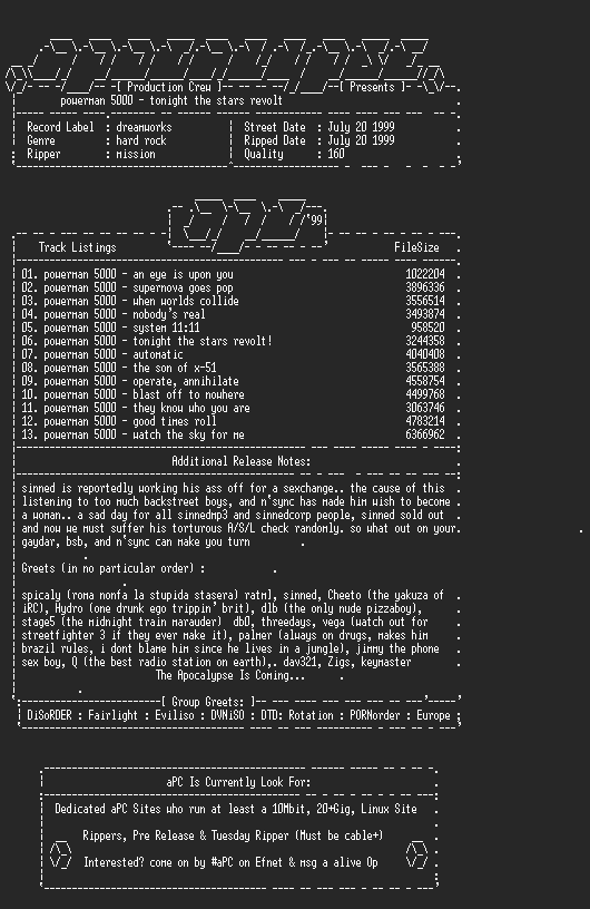 NFO file for Powerman_5000-tonight_the_stars_revolt-1999-apc