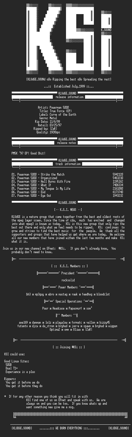 NFO file for Powerman_5000-True_Force-1997-KSi