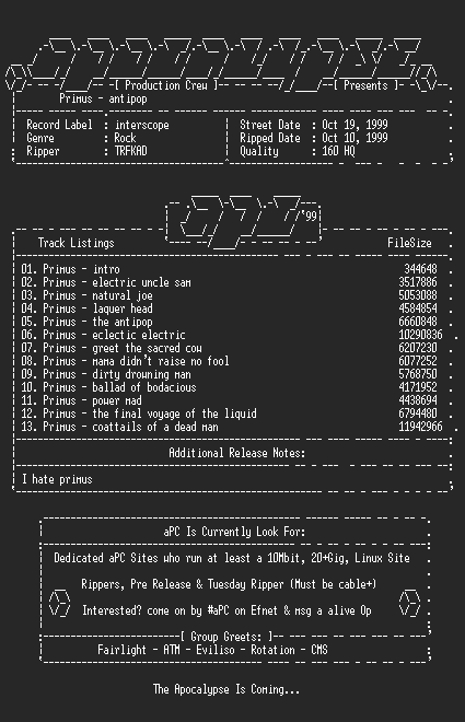 NFO file for Primus-antipop-1999-apc