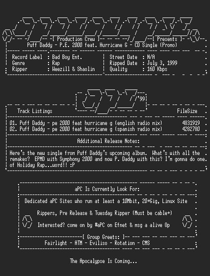NFO file for Puff_daddy-pe_2000_feat_hurricane_g-(cd_single)-1999-apc