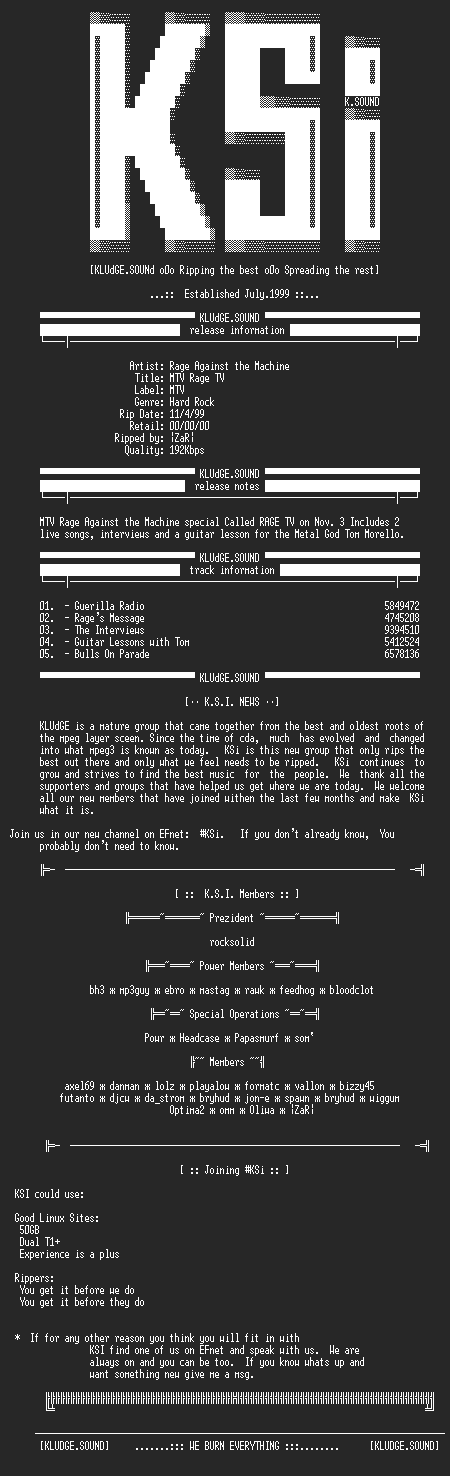 NFO file for Rage_Against_The_Machine-MTV_Rage_TV-1999-KSi