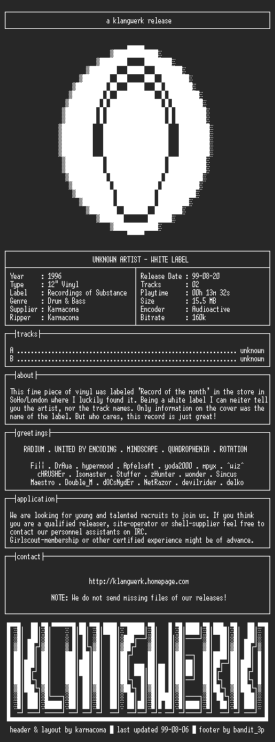 NFO file for Recordings.of.substance--white.label.(vinyl)-1996-kW