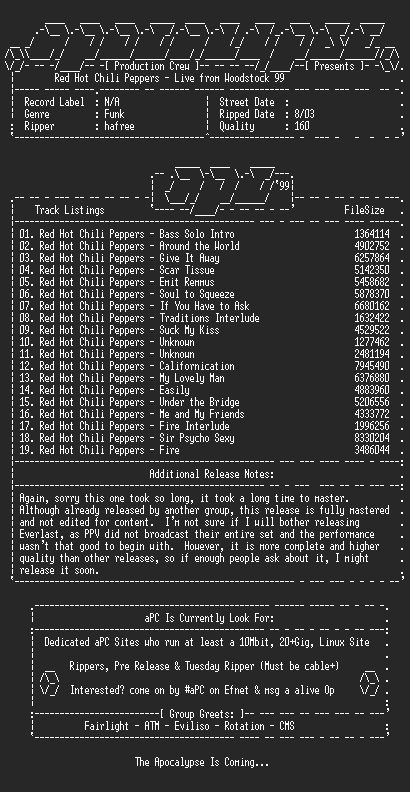 NFO file for Red_Hot_Chili_Peppers-Live_From_Woodstock_1999-aPC