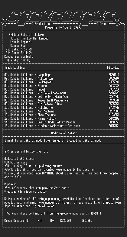 NFO file for Robbie_Williams-The_Ego_Has_Landed-1999-aPC