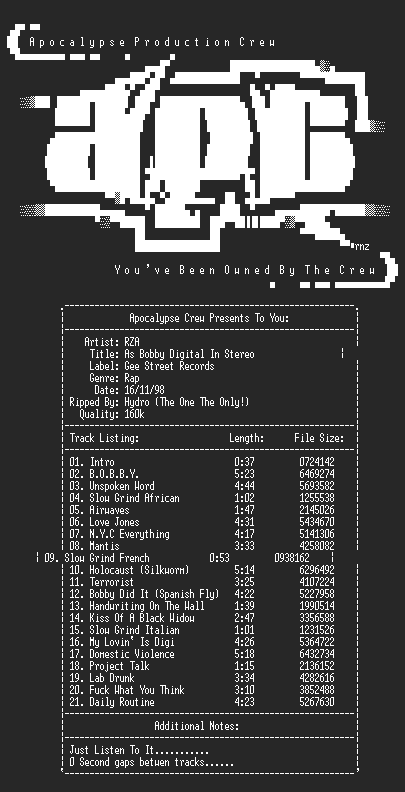 NFO file for Rza-as_bobby_digital_in_stereo-apc-hydro