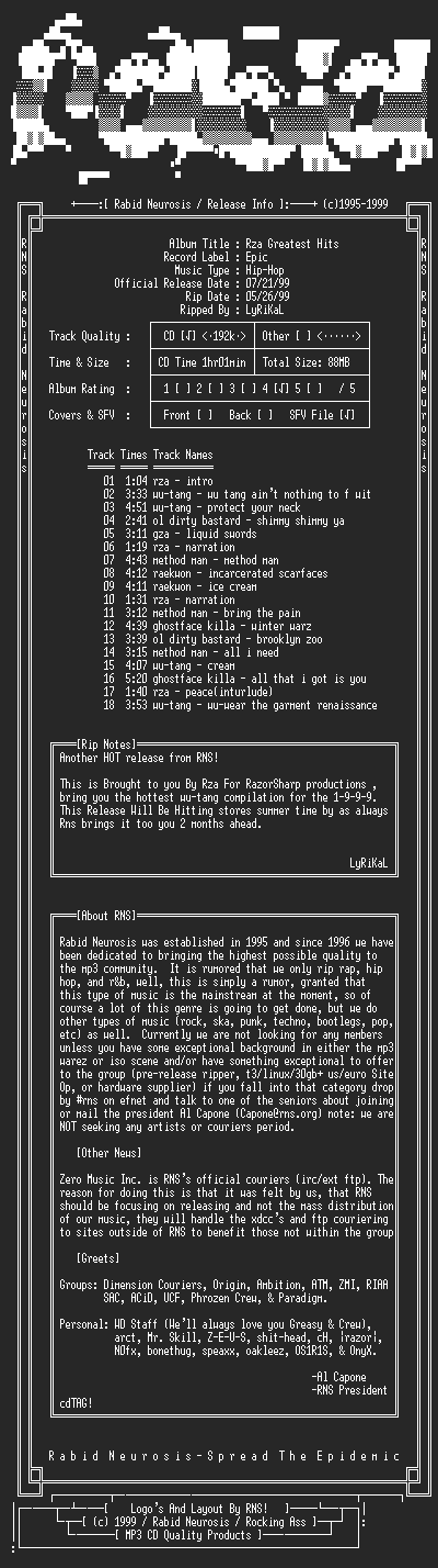 NFO file for VA-Rza_Greatest_Hits-1999-RNS