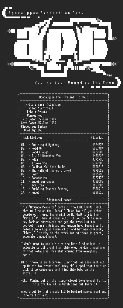 NFO file for Sarah_Mclachlan-Mirrorball-1999-aPC