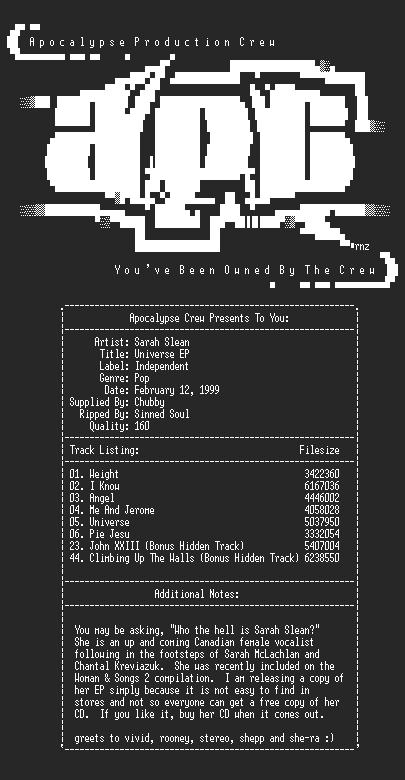 NFO file for Sarah_Slean-Universe-1998-sinned-aPC