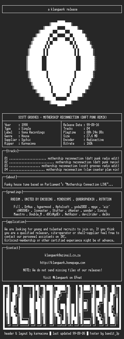 NFO file for scott.grooves--mothership.reconnection.(daft.punk.remix)-1998-kW