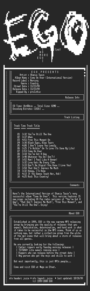 NFO file for Shania_Twain-Come_On_Over_(International_Version)-1999-EGO